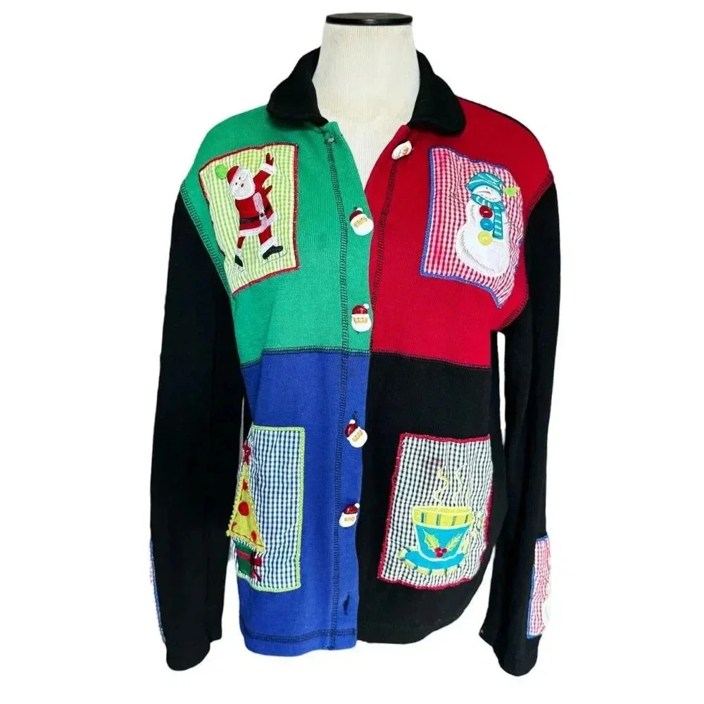 Vintage Onque Casuals Womens Christmas Cardigan Sweater Size Large.